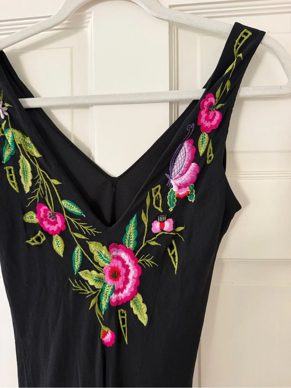 Cache Black Maxi Dress with Pink & Green Floral Embroidery (similar to Sue Wong) - Picture 2 of 6